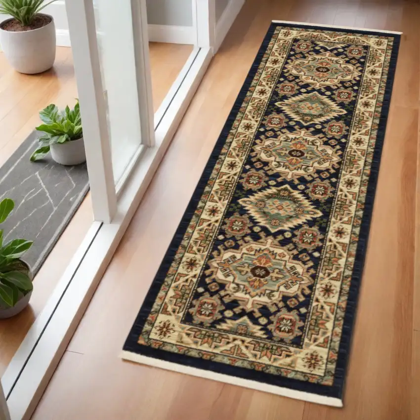 6' Blue and Beige Oriental Power Loom Runner Rug Photo 1