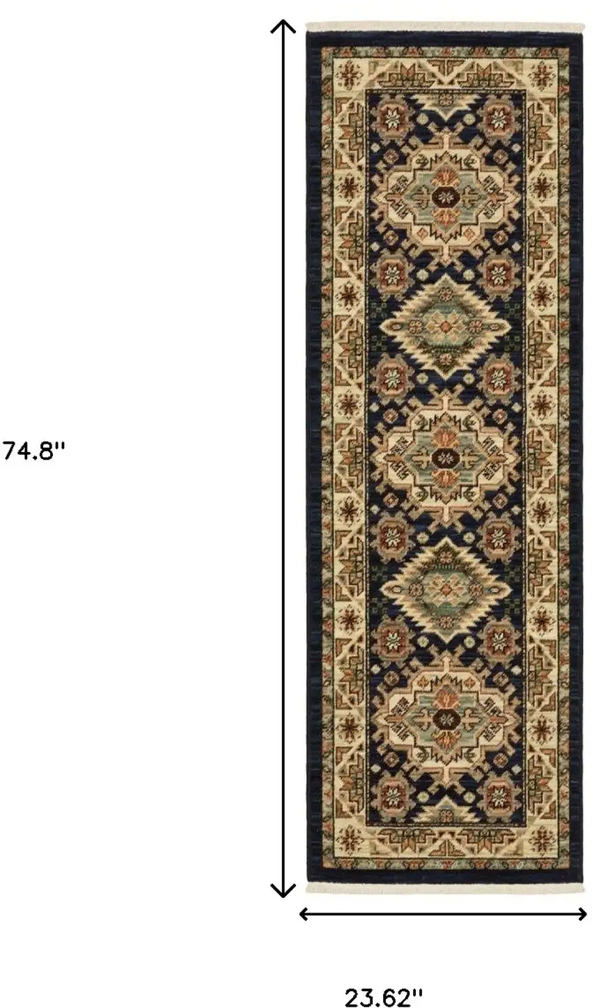 6' Blue and Beige Oriental Power Loom Runner Rug Photo 3