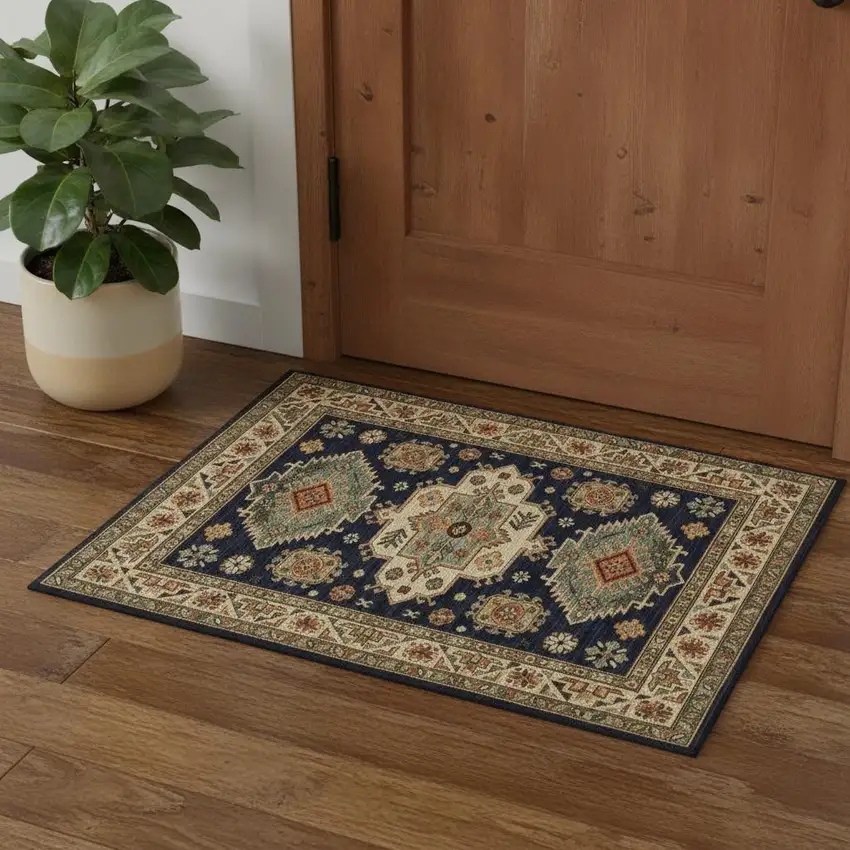 Navy Charcoal Orange Rust Gold Pale Blue Olive Beige And Salmon Oriental Power Loom Stain Resistant Area Rug With Fringe Photo 1