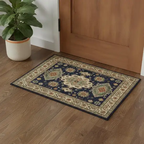 Navy Charcoal Orange Rust Gold Pale Blue Olive Beige And Salmon Oriental Power Loom Stain Resistant Area Rug With Fringe Photo 1