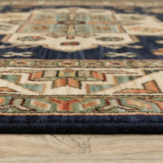 Blue and Beige Oriental Power Loom Area Rug With Fringe Photo 9