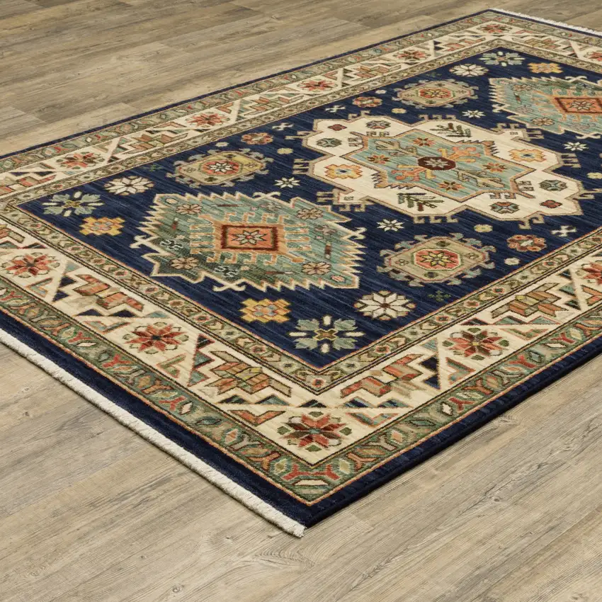 Blue and Beige Oriental Power Loom Area Rug With Fringe Photo 7