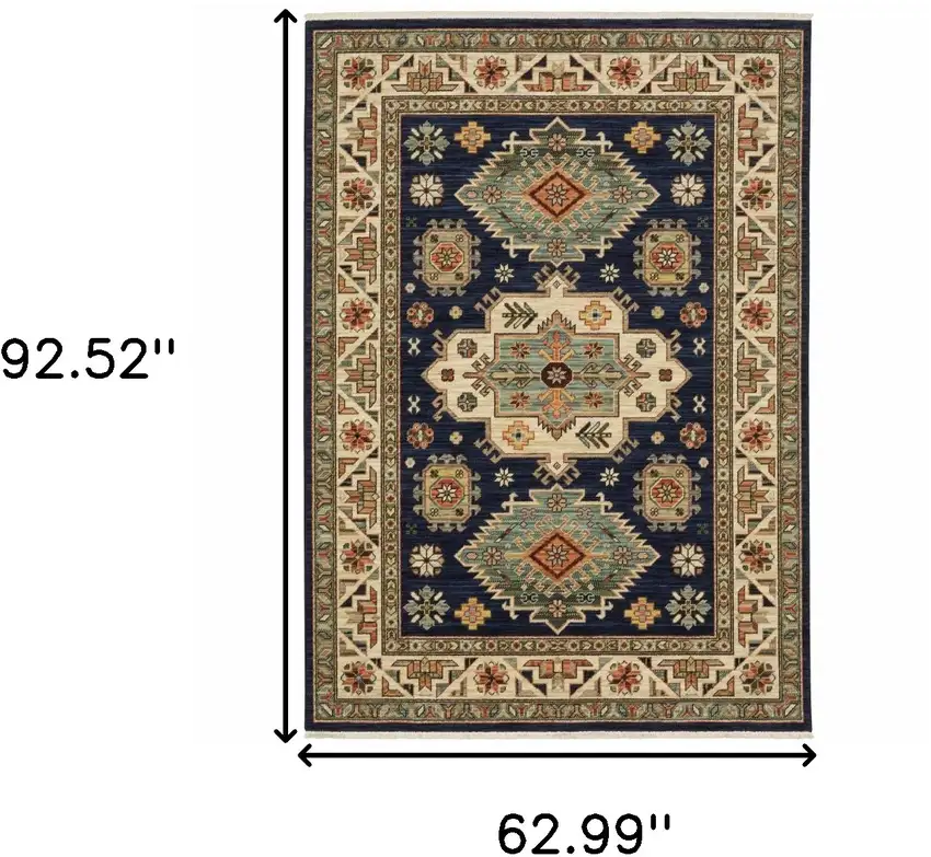 Blue and Beige Oriental Power Loom Area Rug With Fringe Photo 3