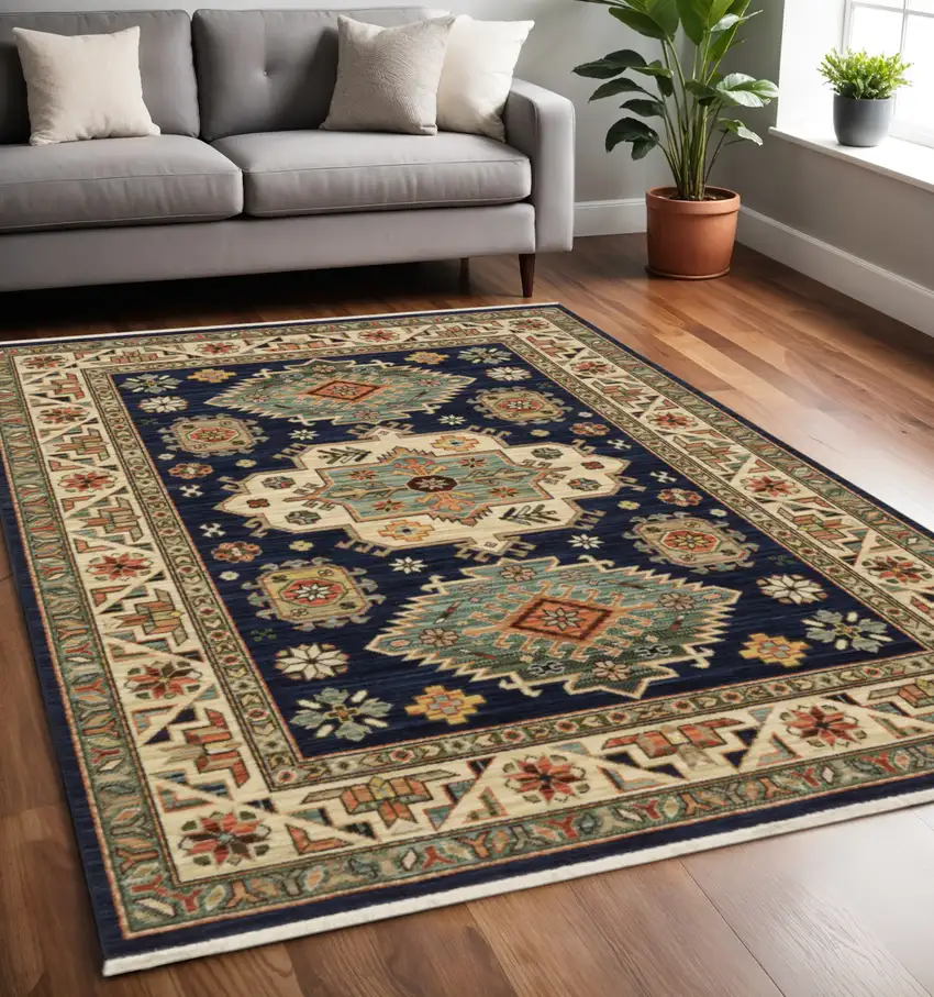 Blue and Beige Oriental Power Loom Area Rug With Fringe Photo 1
