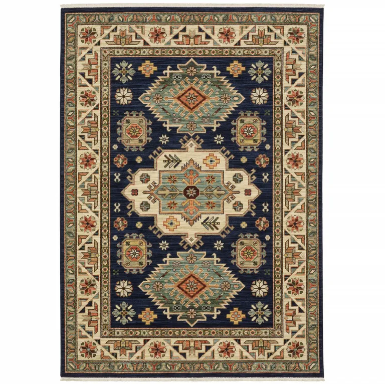 Navy Charcoal Orange Rust Gold Pale Blue Olive Beige And Salmon Oriental Power Loom Stain Resistant Area Rug With Fringe Photo 3