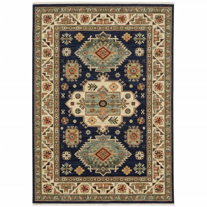 Blue and Beige Oriental Power Loom Area Rug With Fringe Photo 2