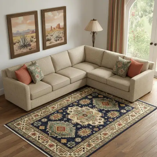 6' X 9' Navy Charcoal Orange Rust Gold Pale Blue Olive Beige And Salmon Oriental Power Loom Stain Resistant Area Rug With Fringe Photo 1