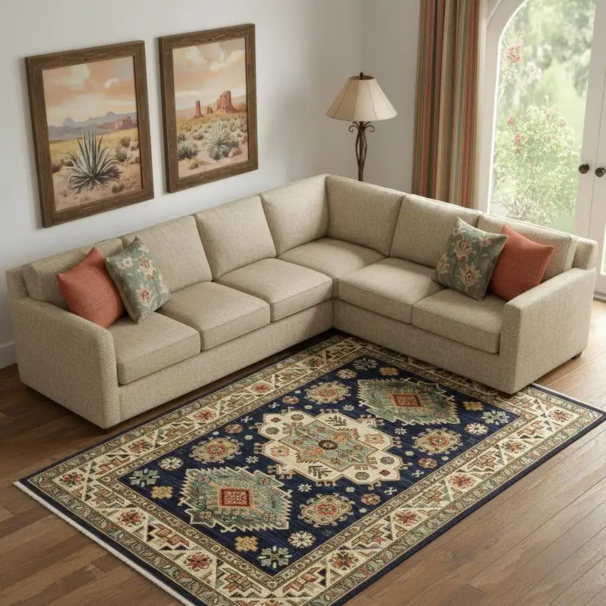 6' X 9' Navy Charcoal Orange Rust Gold Pale Blue Olive Beige And Salmon Oriental Power Loom Stain Resistant Area Rug With Fringe Photo 1