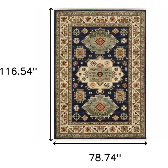 6' X 9' Navy Charcoal Orange Rust Gold Pale Blue Olive Beige And Salmon Oriental Power Loom Stain Resistant Area Rug With Fringe Photo 3