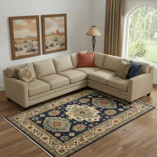 Navy Charcoal Orange Rust Gold Pale Blue Olive Beige And Salmon Oriental Power Loom Stain Resistant Area Rug With Fringe Photo 1