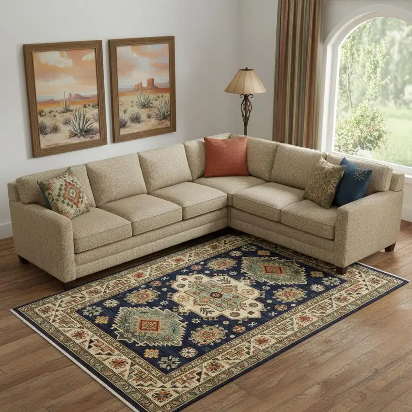 Navy Charcoal Orange Rust Gold Pale Blue Olive Beige And Salmon Oriental Power Loom Stain Resistant Area Rug With Fringe Photo 1