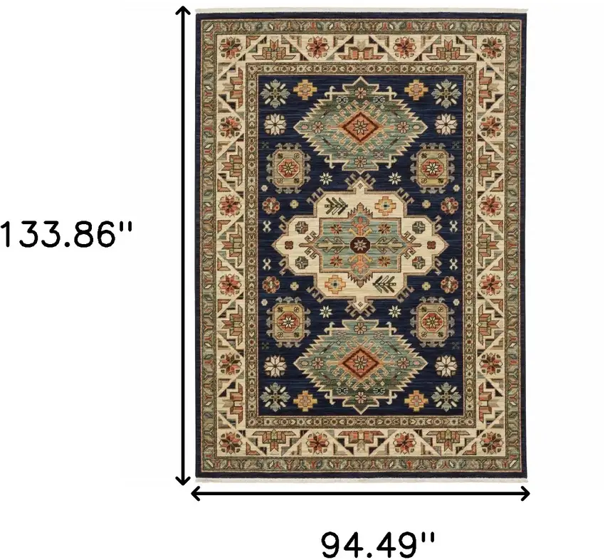 Navy Charcoal Orange Rust Gold Pale Blue Olive Beige And Salmon Oriental Power Loom Stain Resistant Area Rug With Fringe Photo 3