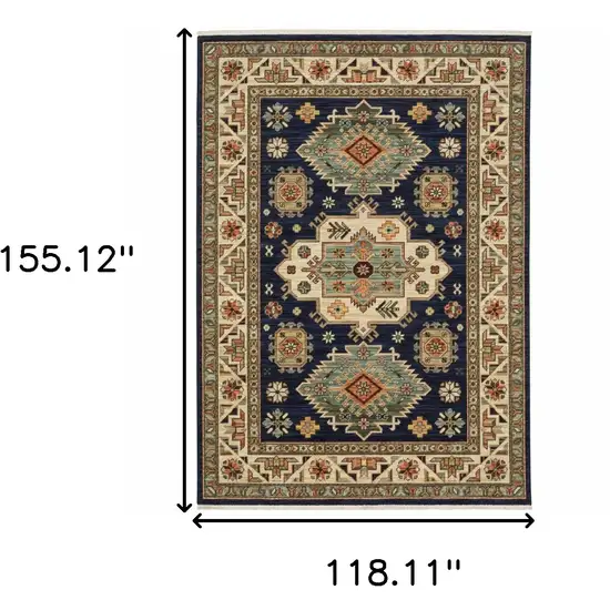 Navy Charcoal Orange Rust Gold Pale Blue Olive Beige And Salmon Oriental Power Loom Stain Resistant Area Rug With Fringe Photo 3