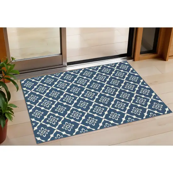 Blue and Ivory Floral Stain Resistant Indoor Outdoor Area Rug Photo 1