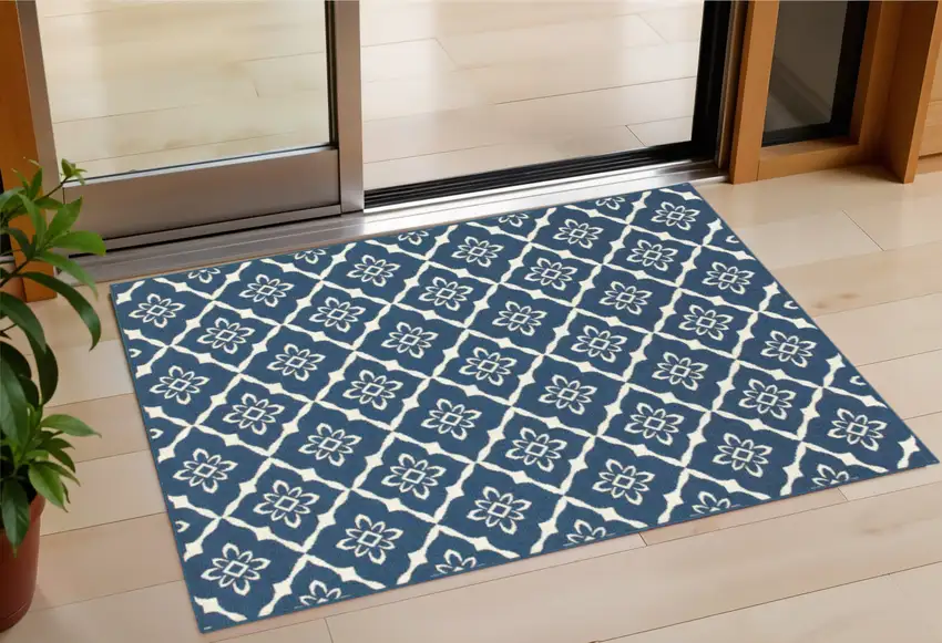 Blue and Ivory Floral Stain Resistant Indoor Outdoor Area Rug Photo 1