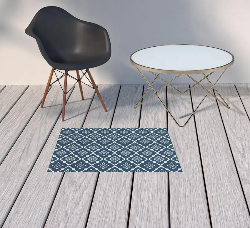 Navy Floral Stain Resistant Indoor Outdoor Area Rug Photo 2