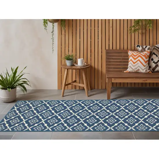 Blue and Ivory Floral Stain Resistant Indoor Outdoor Area Rug Photo 1