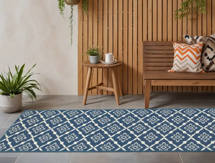 Blue and Ivory Floral Stain Resistant Indoor Outdoor Area Rug Photo 1