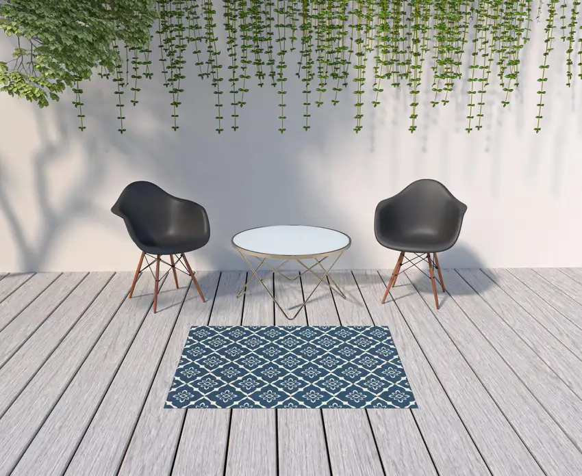 Navy Floral Stain Resistant Indoor Outdoor Area Rug Photo 2