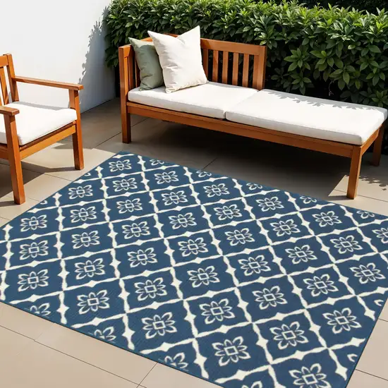 Blue and Ivory Floral Stain Resistant Indoor Outdoor Area Rug Photo 1