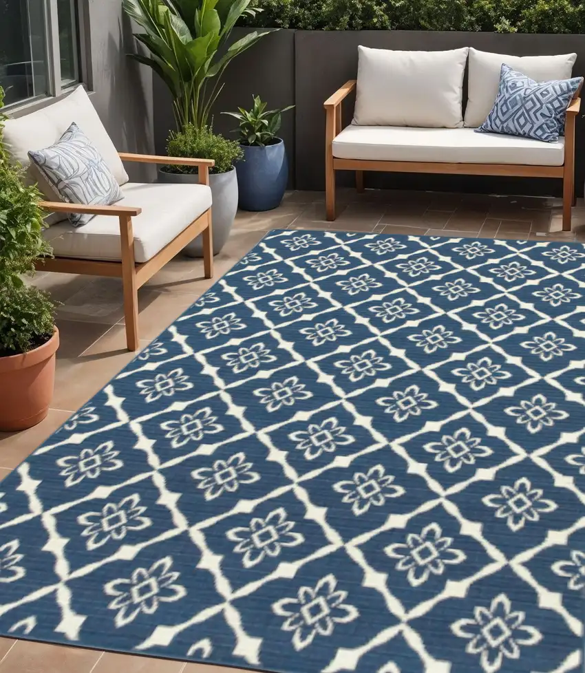 Blue and Ivory Floral Stain Resistant Indoor Outdoor Area Rug Photo 1