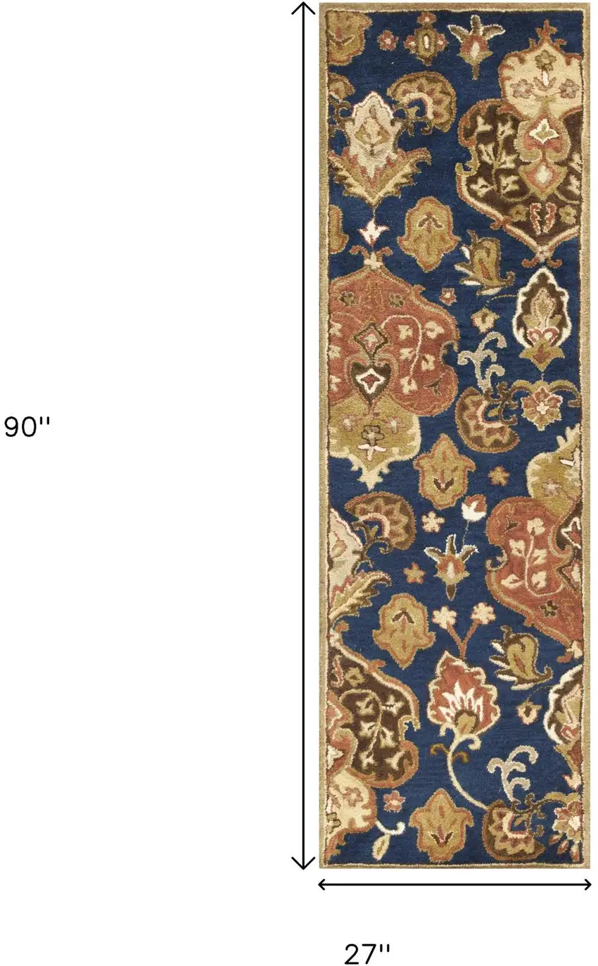 7' Navy Blue Orange And Brown Wool Medallion Hand Tufted Runner Rug Photo 3