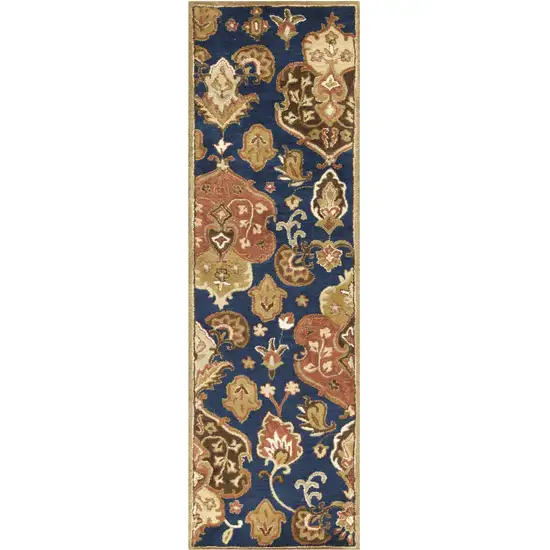 7' Navy Blue Orange And Brown Wool Medallion Hand Tufted Runner Rug Photo 4