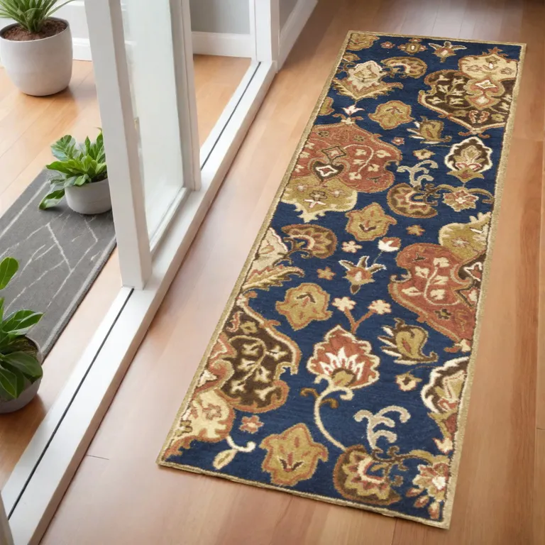 Navy Floral Tapestry Wool Runner Rug Photo 5