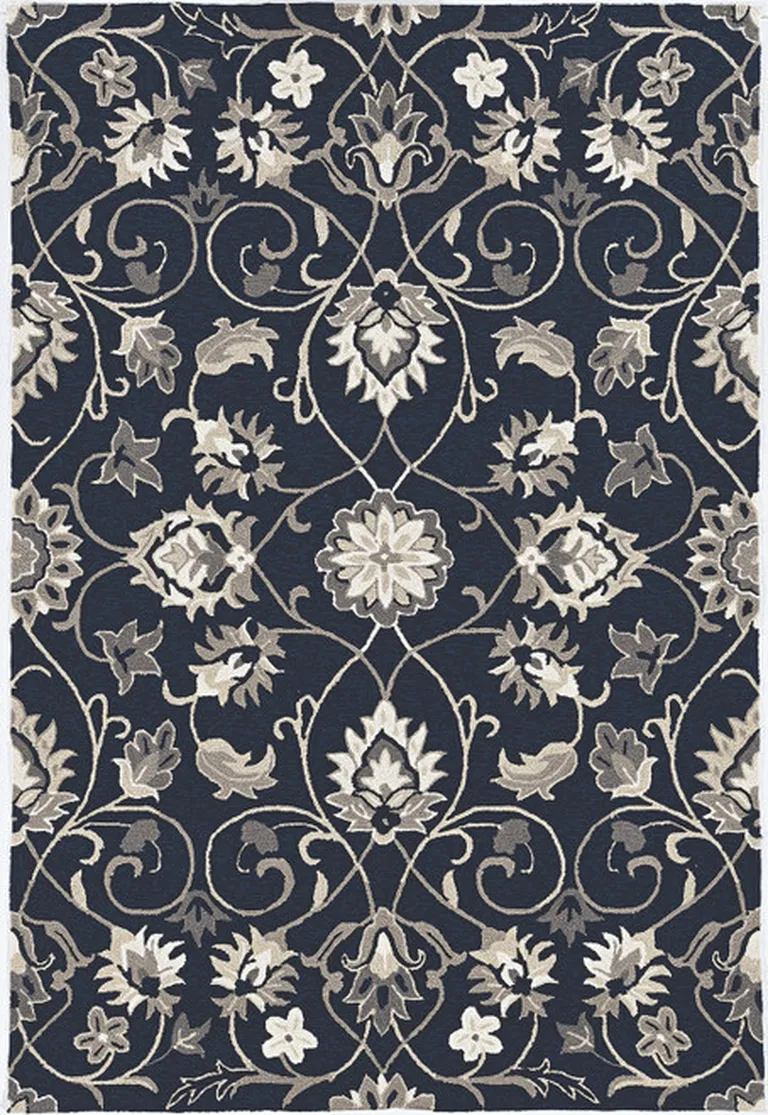 Navy Floral Vines Indoor Outdoor Area Rug Photo 2