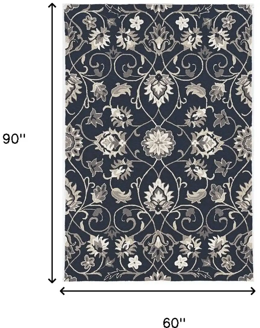 5' X 7' Navy Floral Vines Indoor Outdoor Area Rug Photo 5