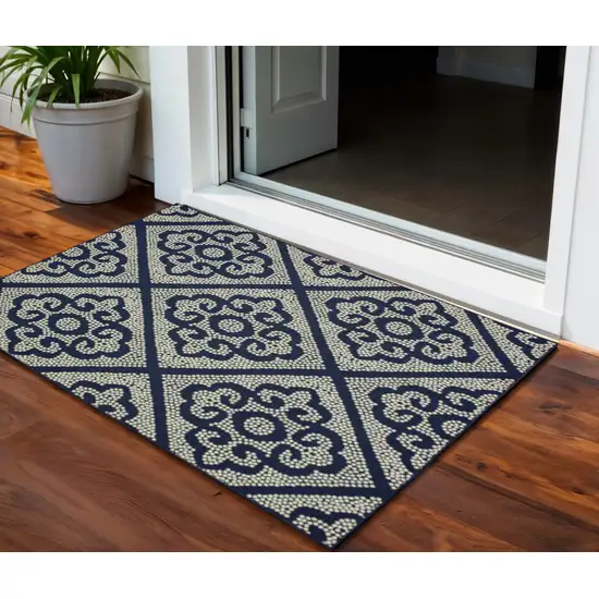 Blue and Ivory Geometric Stain Resistant Indoor Outdoor Area Rug Photo 1