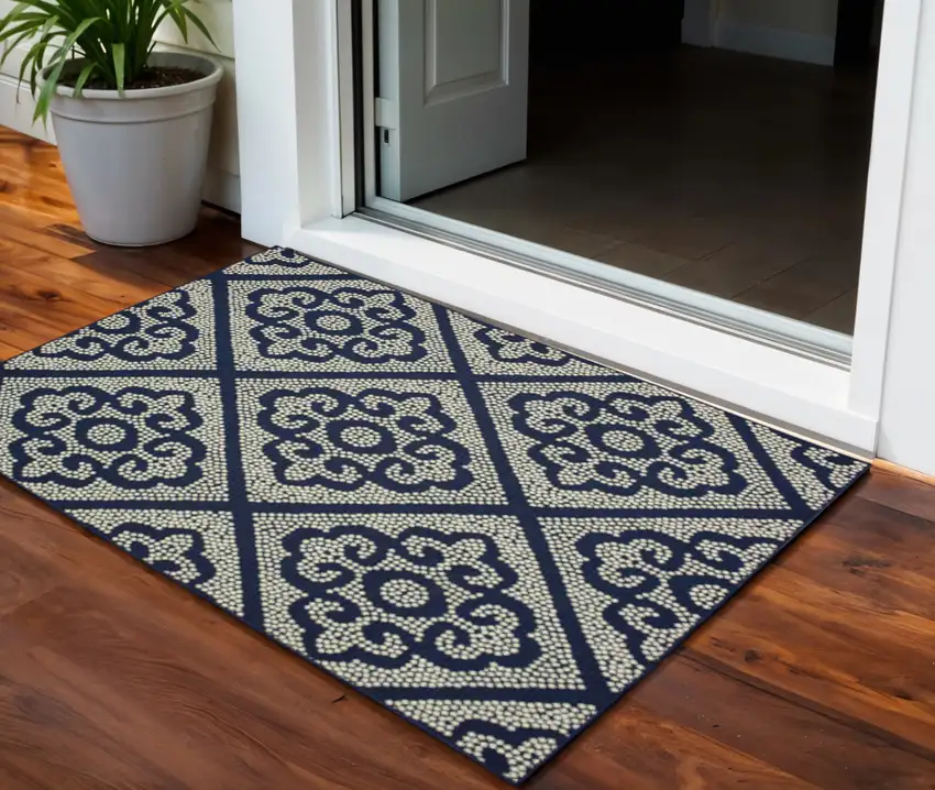 Blue and Ivory Geometric Stain Resistant Indoor Outdoor Area Rug Photo 1