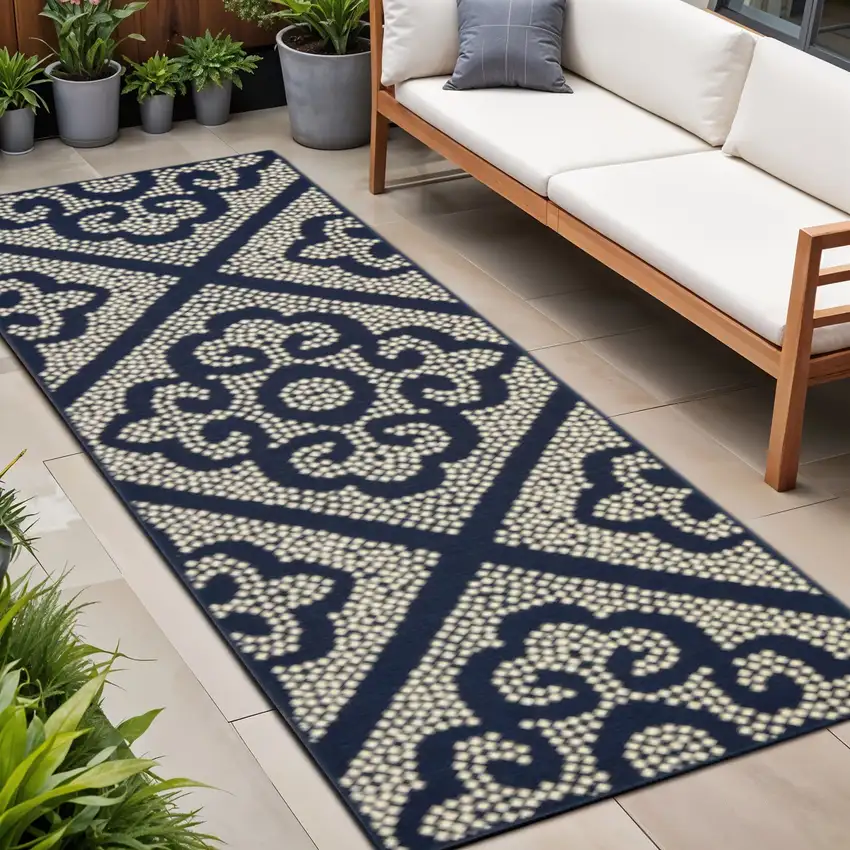 Blue and Ivory Geometric Stain Resistant Indoor Outdoor Area Rug Photo 1