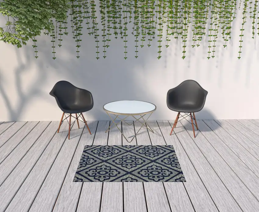Navy Geometric Stain Resistant Indoor Outdoor Area Rug Photo 2