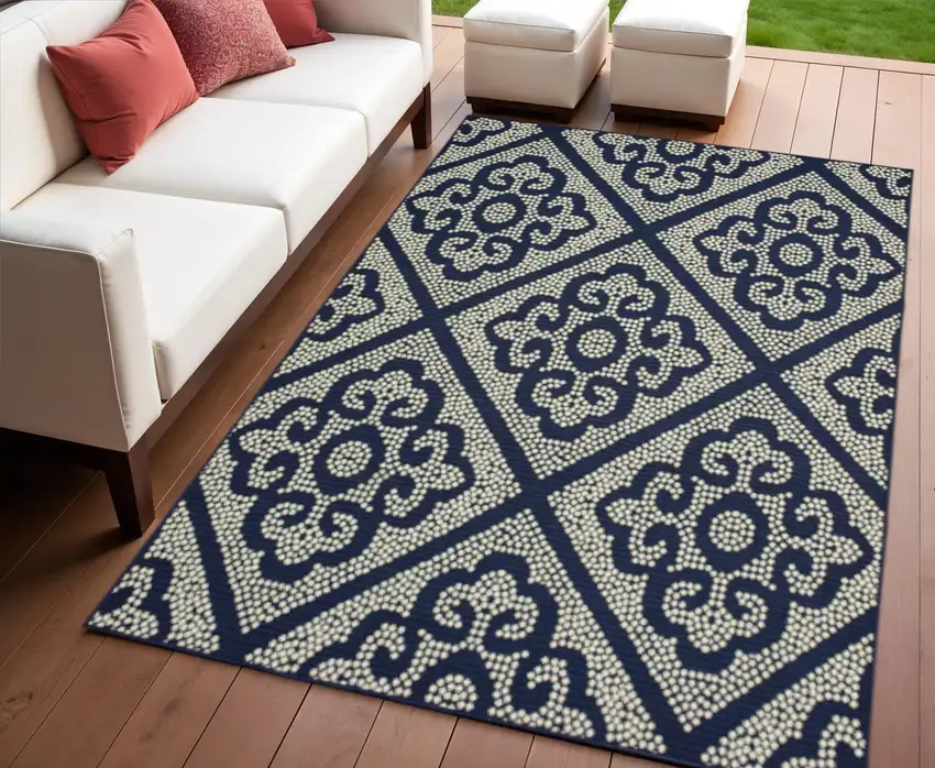 Blue and Ivory Geometric Stain Resistant Indoor Outdoor Area Rug Photo 1