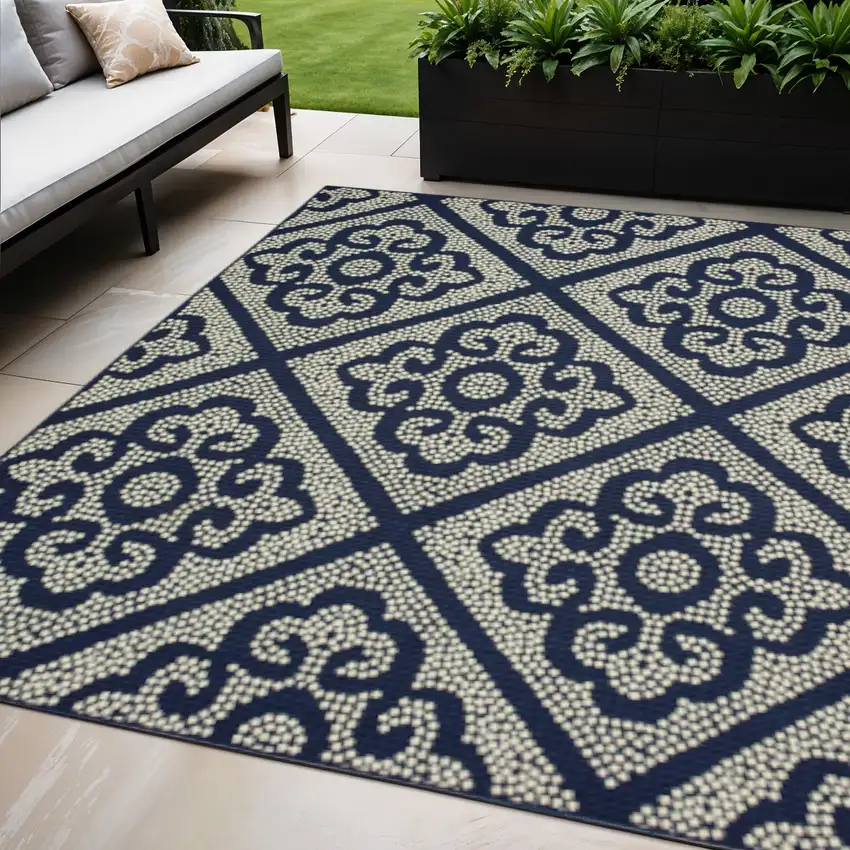 Blue and Ivory Geometric Stain Resistant Indoor Outdoor Area Rug Photo 1