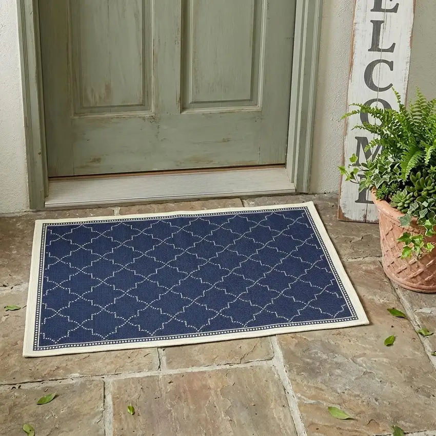 Blue and Ivory Geometric Stain Resistant Indoor Outdoor Area Rug Photo 1
