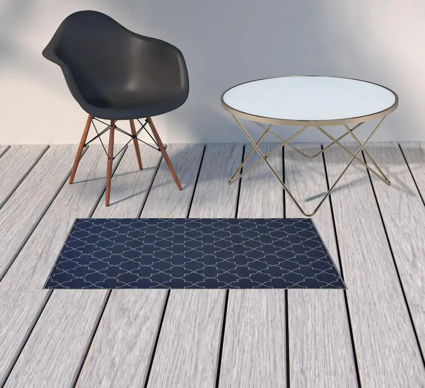 Navy Geometric Stain Resistant Indoor Outdoor Area Rug Photo 2