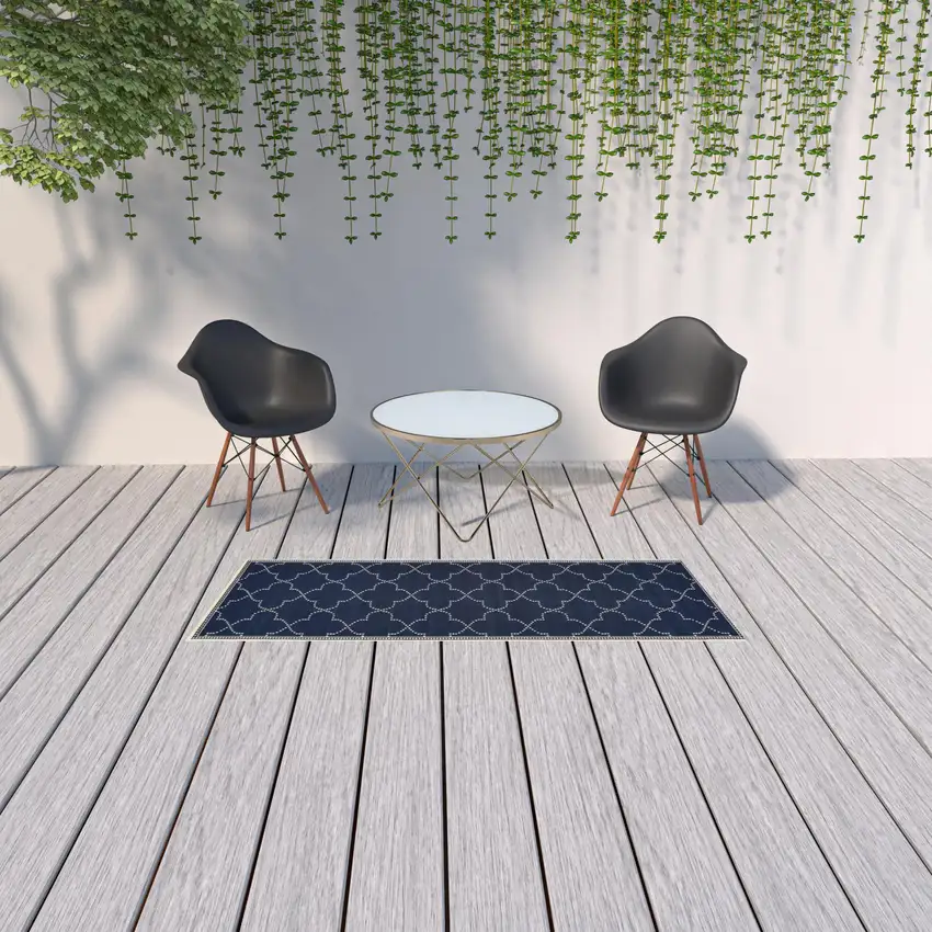 Navy Geometric Stain Resistant Indoor Outdoor Area Rug Photo 2