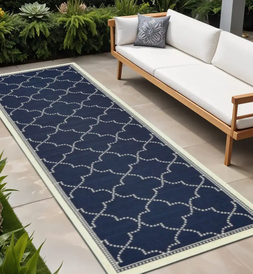 Blue and Ivory Geometric Stain Resistant Indoor Outdoor Area Rug Photo 1