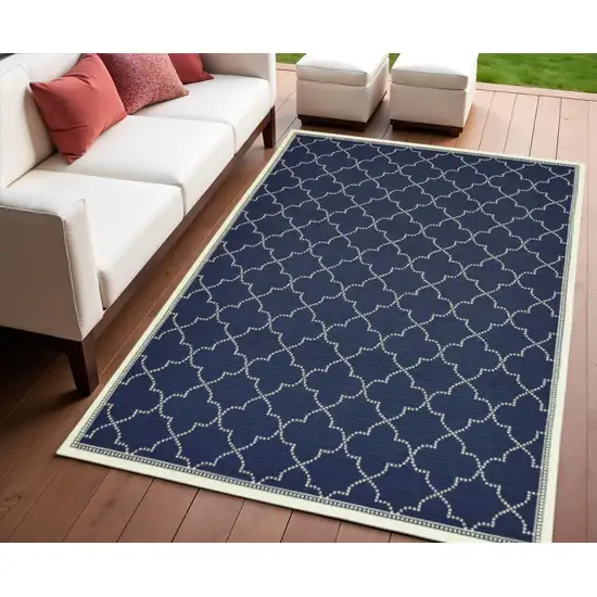 Blue and Ivory Geometric Stain Resistant Indoor Outdoor Area Rug Photo 1