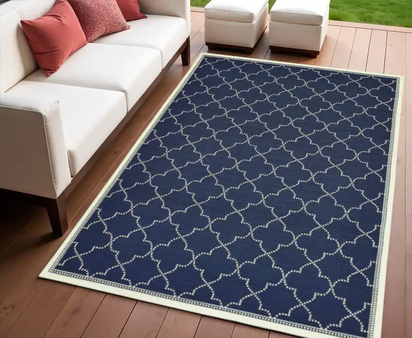 Blue and Ivory Geometric Stain Resistant Indoor Outdoor Area Rug Photo 1