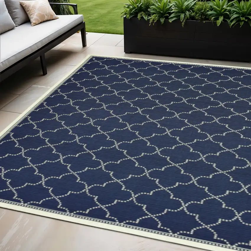 Blue and Ivory Geometric Stain Resistant Indoor Outdoor Area Rug Photo 1
