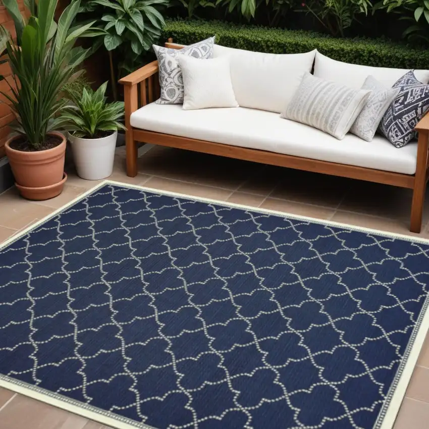 Blue and Ivory Geometric Stain Resistant Indoor Outdoor Area Rug Photo 1