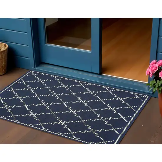 Blue and Ivory Geometric Stain Resistant Indoor Outdoor Area Rug Photo 1