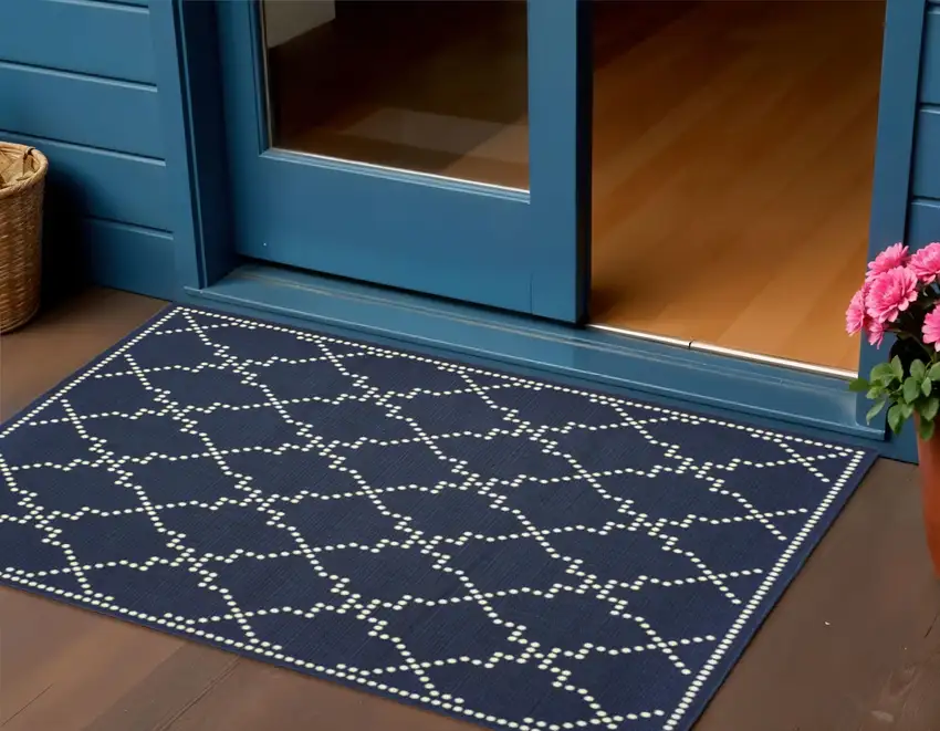 Blue and Ivory Geometric Stain Resistant Indoor Outdoor Area Rug Photo 1