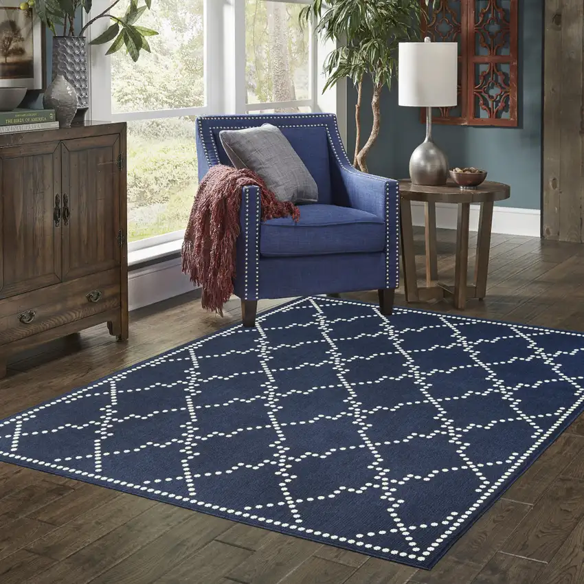 Navy Geometric Stain Resistant Indoor Outdoor Area Rug Photo 9