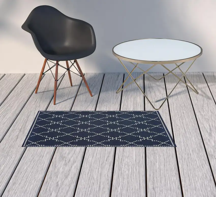 Navy Geometric Stain Resistant Indoor Outdoor Area Rug Photo 2