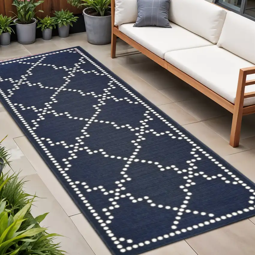 Blue and Ivory Geometric Stain Resistant Indoor Outdoor Area Rug Photo 1