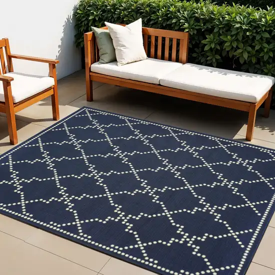 Blue and Ivory Geometric Stain Resistant Indoor Outdoor Area Rug Photo 1